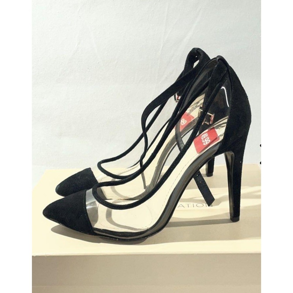 BCBGeneration Cynthia Black Suede Clear PVC Pointed Toe Ankle Strap Pump 6M